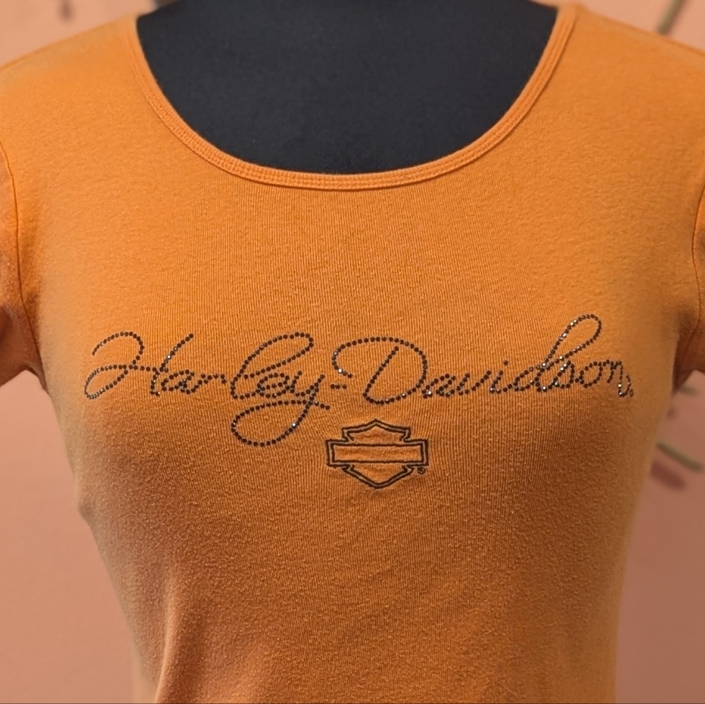 Vintage Y2K Harley-Davidson Women's Orange Top M Distressed Tee Bikercore 2000s - Picture 2 of 16